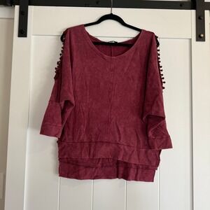 NWOT POL Burgundy Pom Pom Cold Shoulder‎ Layered Hem Top Size Small